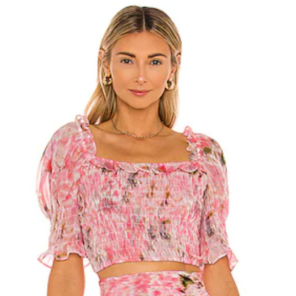 MISA Los Angeles Floral Smocked Crop Top Size M Pink Ruffle Puff Sleeve NWT